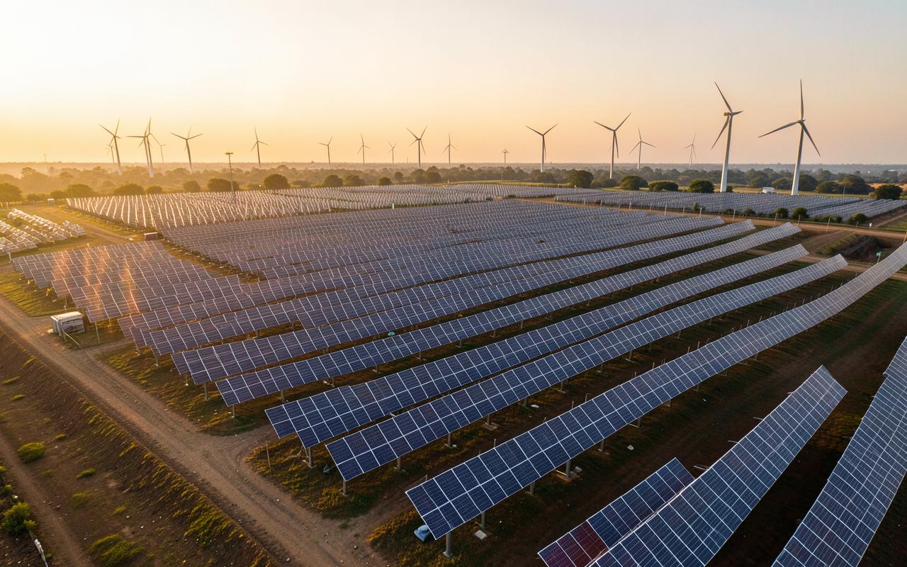 Large utility-scale solar farm with wind turbines at sunset in India